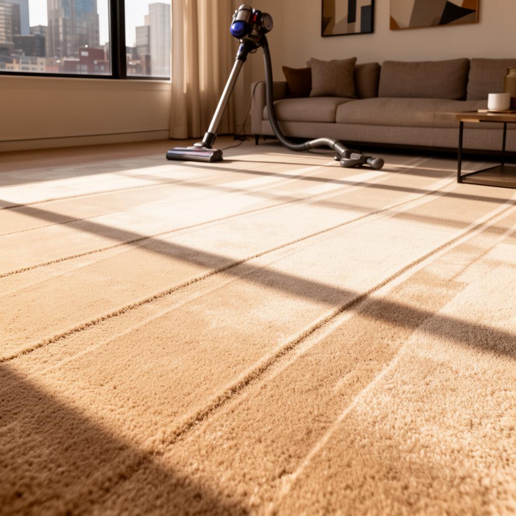 Freshly cleaned beige carpet in a Pittsburgh living room with vacuum lines in the pile